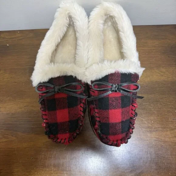 J Crew NWOT Red & Black Buffalo Plaid Faux-Shearling Moccasin Slippers Size 9 - Picture 4 of 9